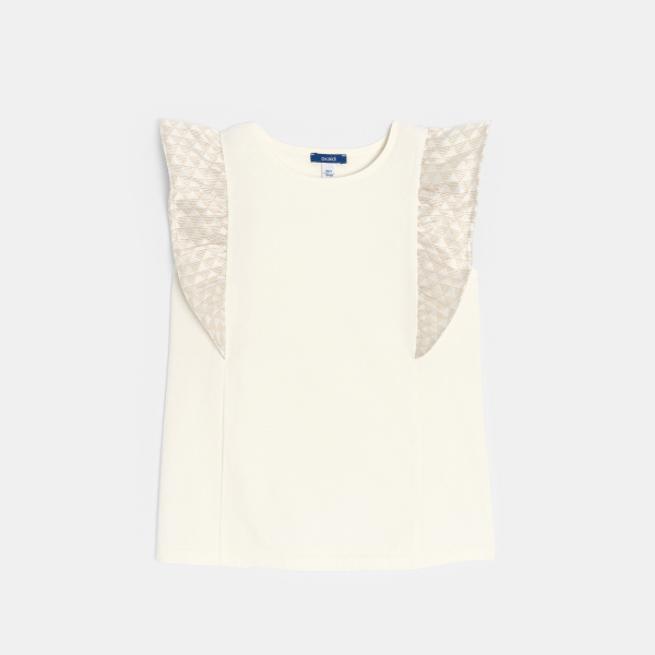 بلوزة بأكمام منفوخة عند الكتف وكشكشة باللون البيج الفاتح للفتيات